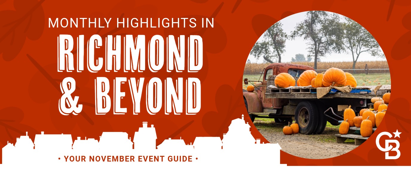 November event guide banner — pumpkins on a vintage pickup with a white Richmond skyline silhouette and the headline 'Monthly Highlights in Richmond & Beyond.