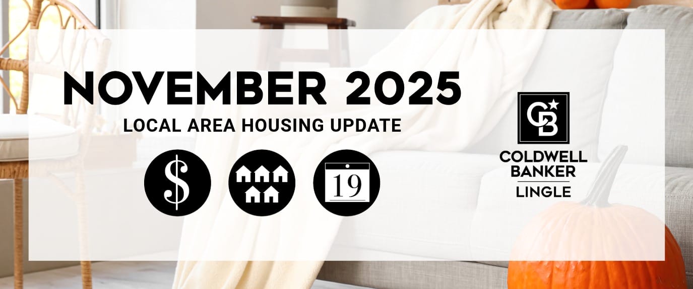 November 2025 Local Area Housing Update banner with icons for real-estate prices, homes, and market stats, alongside the Coldwell Banker Lingle logo on a cozy autumn interior with pumpkins.